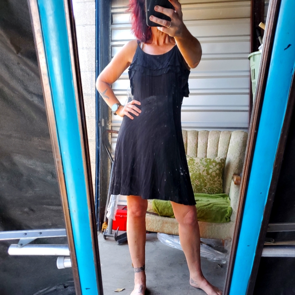 Little black rayon/spandex wrap-ruffle day dress